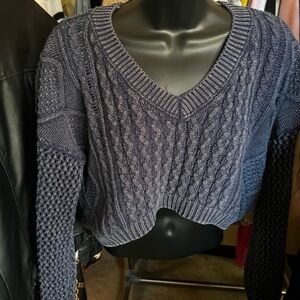 Forever 21 V-Neck Cable Knit Sweater - Dark Blue